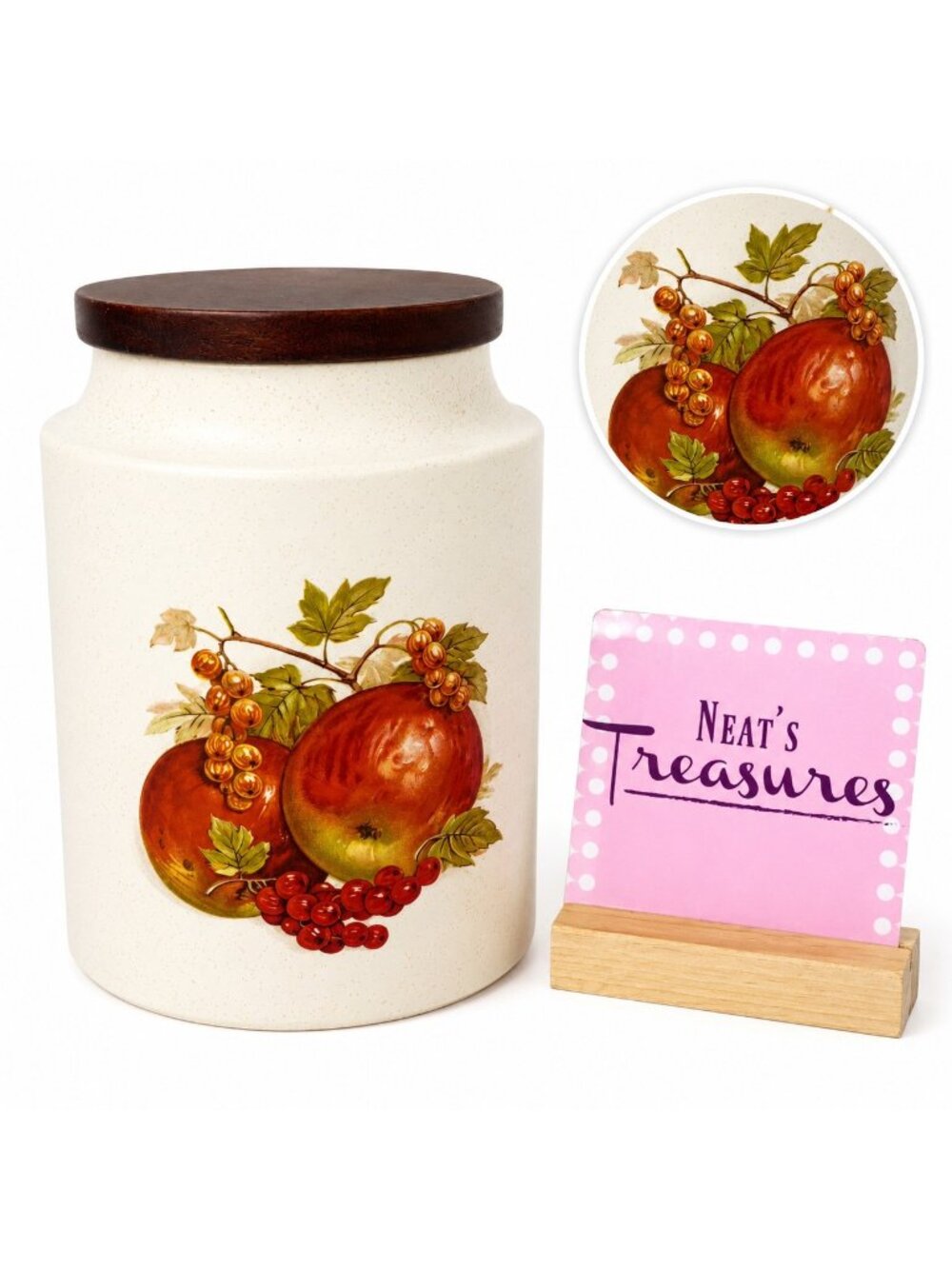 Vintage Hyalyn Pottery FRUIT Apples USA 923 Wooden Lid Ceramic Canister Jar
